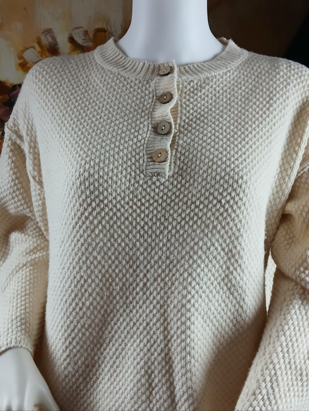 Waffle-Knit Scoop Neck Button Pullover Sweater - Cream